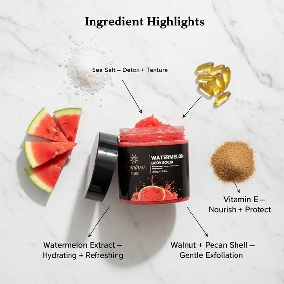 Luminous Care Watermelon Body Scrub | Sea Salt + Walnut Shell Exfoliating 200g - Picture 5 of 10